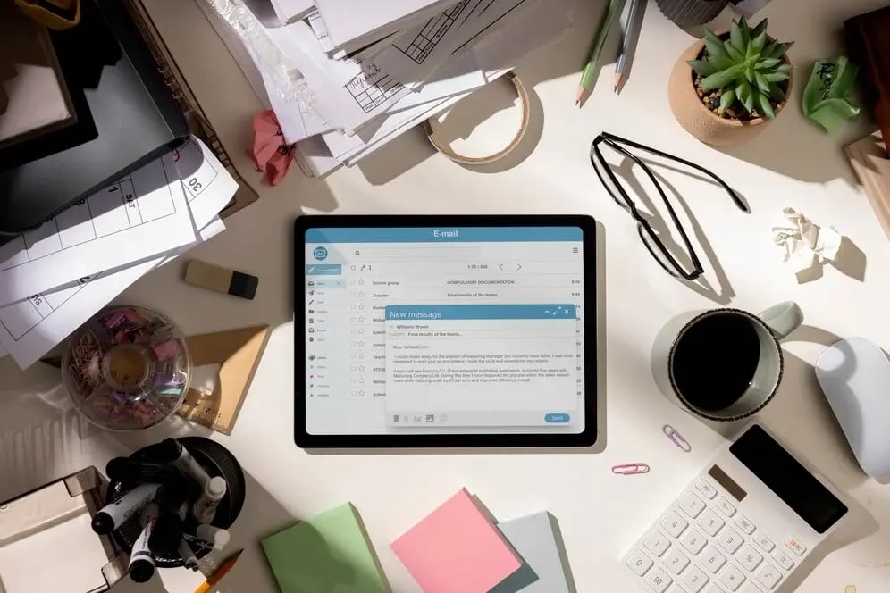 top-view-messy-office-workspace-with-tablet_23-2150282033
