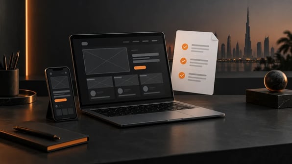 Laptop and mobile website wireframes beside a project checklist, with the Dubai skyline behind them.
