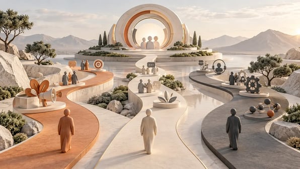 Three sculptural paths converge on a customer relationship hub, illustrating different CRM routes to long-term business value.