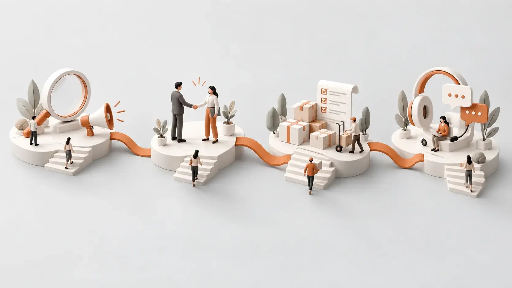 Four connected stages of a customer journey: discovery, sales, delivery and ongoing service, joined by an orange ribbon.