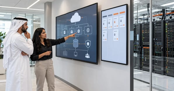 HubSpot CRM for IT consulting: consultant and client reviewing cloud architecture and a sales pipeline beside server racks