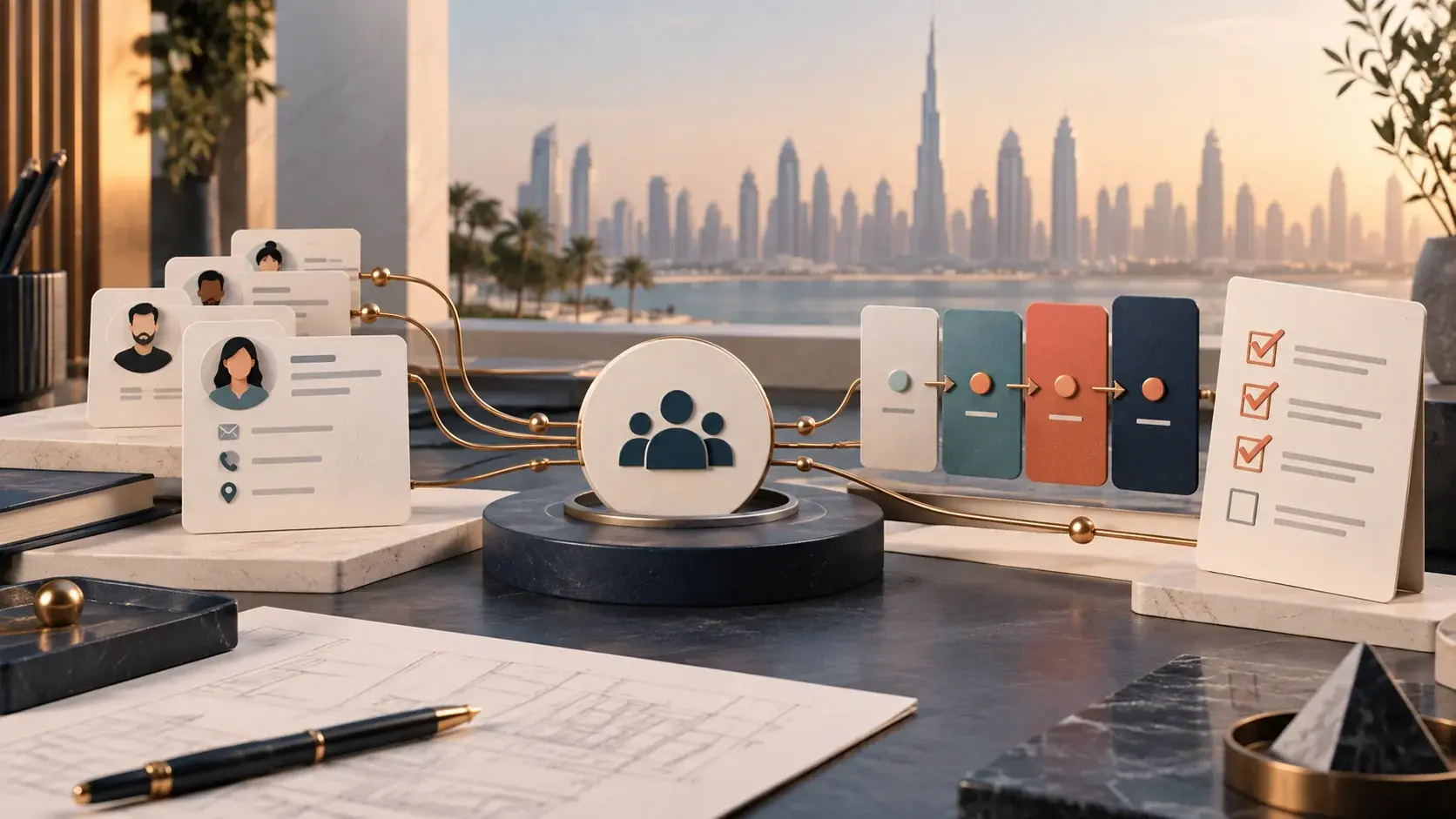Customer records connected to a sales pipeline and readiness checklist, with Dubai's skyline in the background.