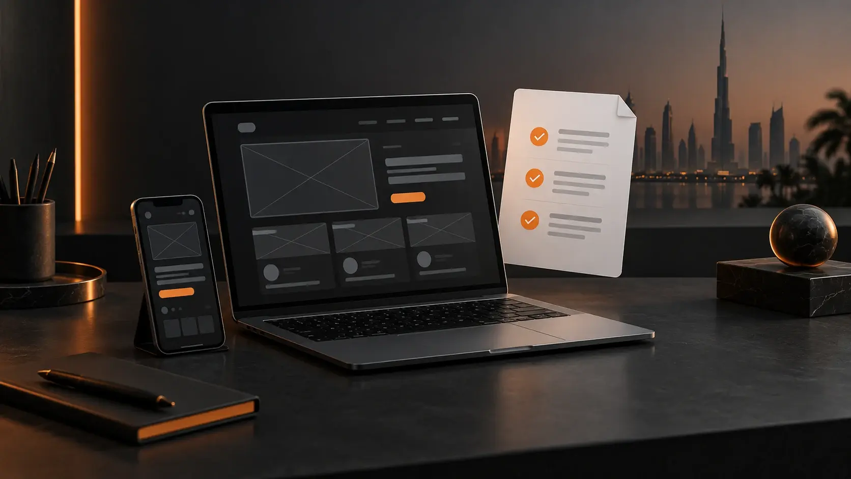 Laptop and mobile website wireframes beside a project checklist, with the Dubai skyline behind them.