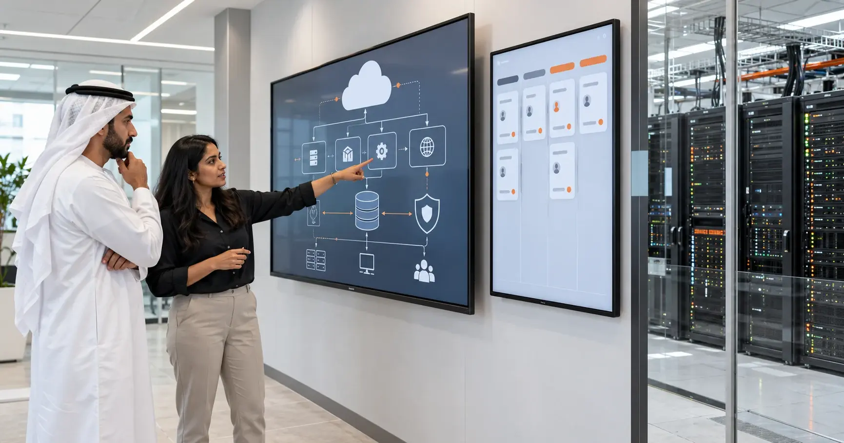 HubSpot CRM for IT consulting: consultant and client reviewing cloud architecture and a sales pipeline beside server racks